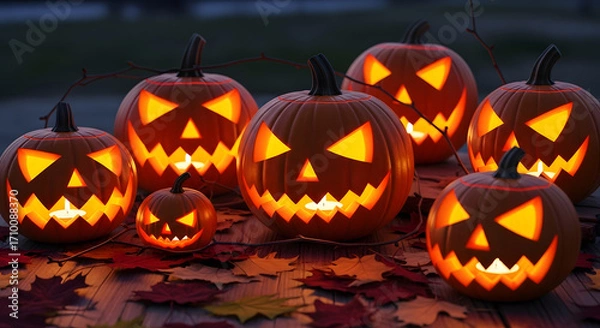 Fototapeta Spooky Halloween Jack-o'-Lanterns and Fall Leaves Glow in the Dark