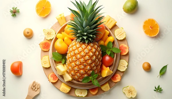 Fototapeta Pineapple Bowl Filled with Tropical Fruits, Overhead View