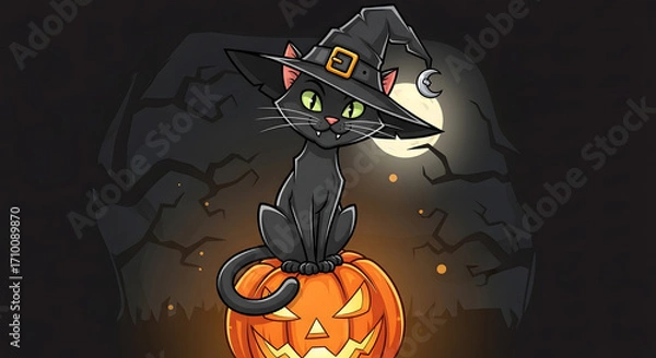 Fototapeta Halloween Night Graveyard Scene with Jack-o'-Lanterns, Full Moon, and Flying Bats. Spooky Holiday Design.