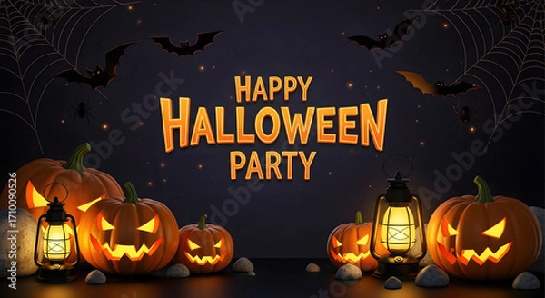 Fototapeta Happy Halloween Party Banner with Spooky Jack-o'-Lanterns, Glowing Lanterns, Bats, and Spider Webs on Dark Background