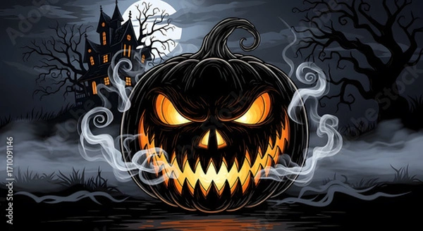 Fototapeta Cute Witch Cat on Halloween Pumpkin with Bats and Magical Sparkles