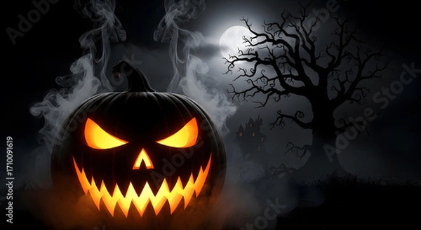 Fototapeta Glowing Halloween Jack-o'-Lantern in Fog at Night with Spooky Tree and Full Moon