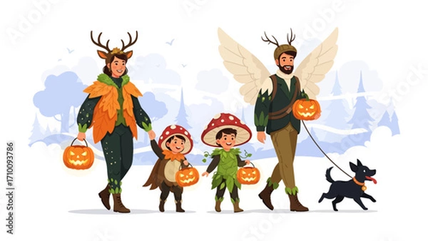 Fototapeta Magical Halloween Procession: A family dressed in whimsical costumes parades down a wooded path during Halloween, their jack-o'-lanterns glowing, accompanied by a playful canine.