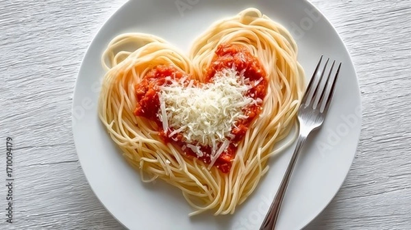 Fototapeta Heart Shape Spaghetti Delight on a White Canvas, Adorned with Tomato Sauce and Parmesan Cheese