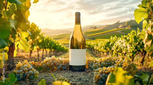 Obraz White wine bottle mockup in a vineyard landscape with lush grapevines and rolling hills