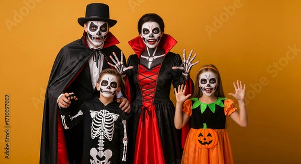 Fototapeta Family in Halloween costumes: parents and two children with skeleton face paint, against yellow background Free space for text