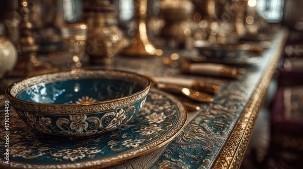 Fototapeta Intricate details and antique elegance of a formal dining table setting