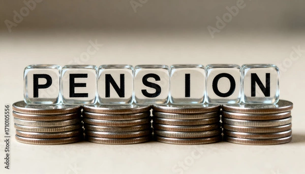 Fototapeta Financial concept showing PENSION on transparent glass cubes arranged with  coins