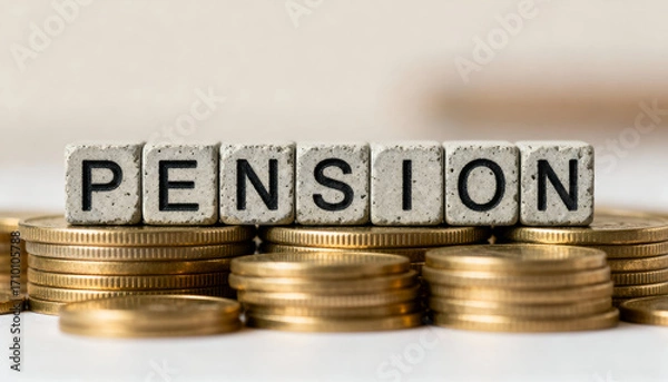Fototapeta Stacked coins and concrete textured blocks showing PENSION text, financial savings idea