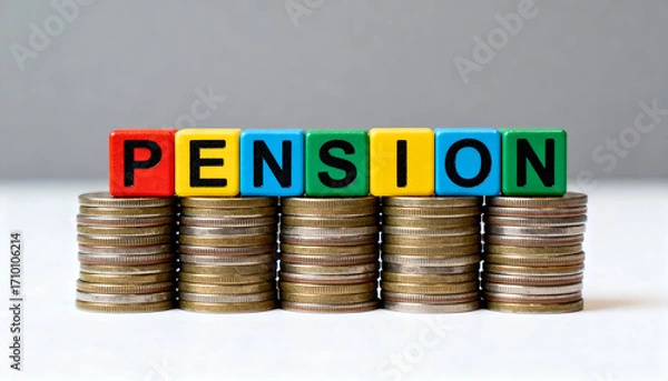 Fototapeta Colourful cubes with PENSION text arranged on coin stacks, financial growth background