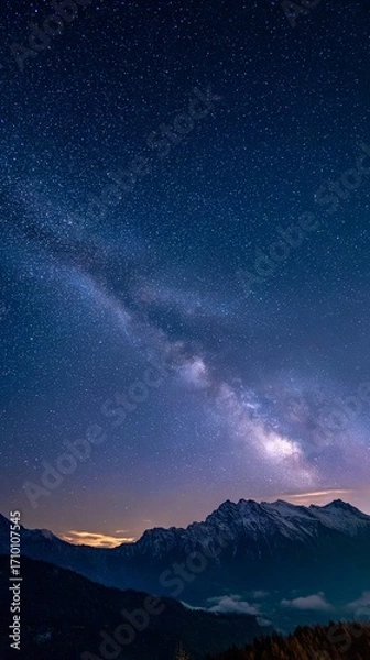 Fototapeta Milky Way over mountain range at night with star-filled sky and distant peaks