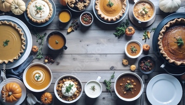 Fototapeta Thanksgiving Dinner Table with Pies, Soups, and Autumn Decorations. AI Generative Illustration