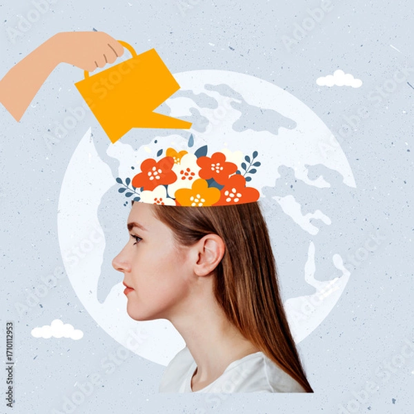 Fototapeta A composite collage depicting mental health. A profile of a woman's head. A woman's hand holds a watering can and waters her head