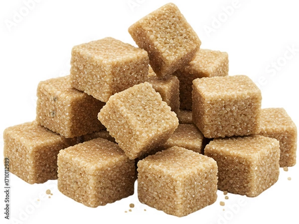 Fototapeta Pile of brown sugar cubes arranged neatly on a white background, showcasing their texture and color