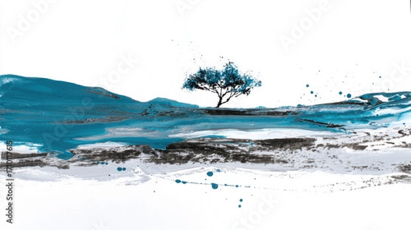 Fototapeta Watercolor painting of a single tree standing alone in a vast open landscape.