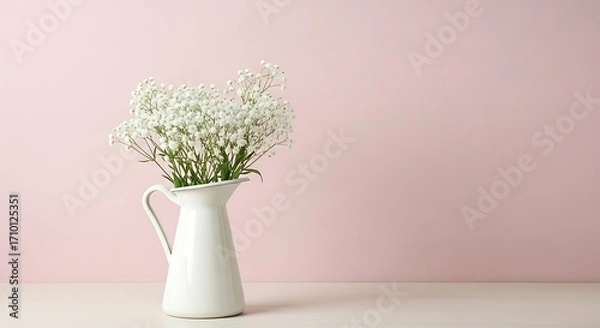 Obraz White Flowers in a Pitcher on a Pink Background.