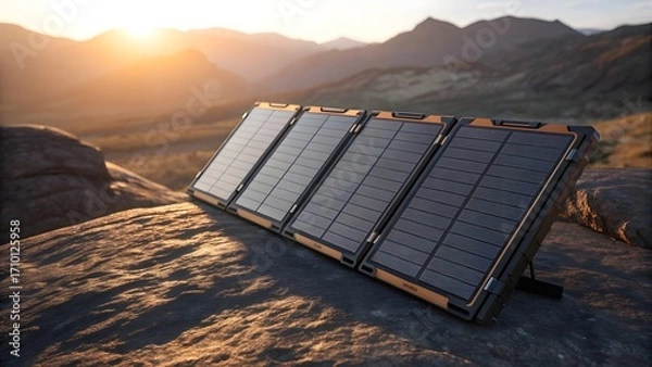 Obraz Portable solar panels charging against a stunning mountain backdrop at sunset for sustainable power
