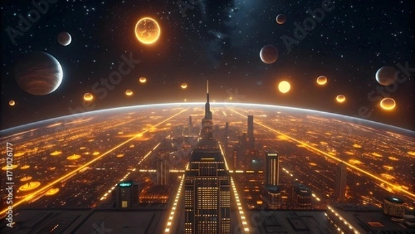 Obraz Imagine living in a futuristic city on a planet with glowing lights and planets in the sky
