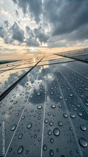 Obraz Clean energy future with shimmering solar panels reflecting dramatic sky after summer rain shower