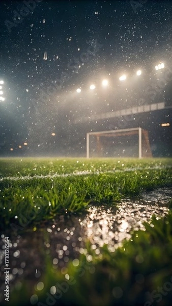 Obraz Eerie and dramatic rain falling on a soccer field with bright stadium lights illuminating the scene