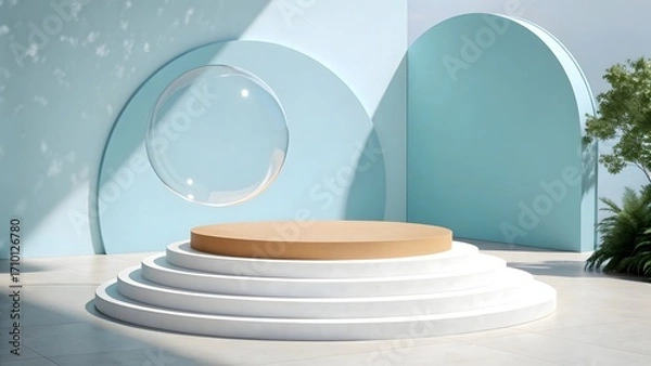 Obraz Elegant podium display showcase with modern blue arches and natural light for product presentation