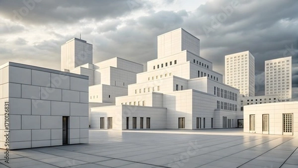 Obraz Explore the modern architecture of an iconic white building complex under dramatic cloudscape