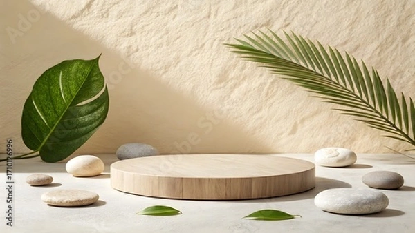 Obraz Elevate your brand with this natural product display featuring minimalist zen stones and vibrant green leaves