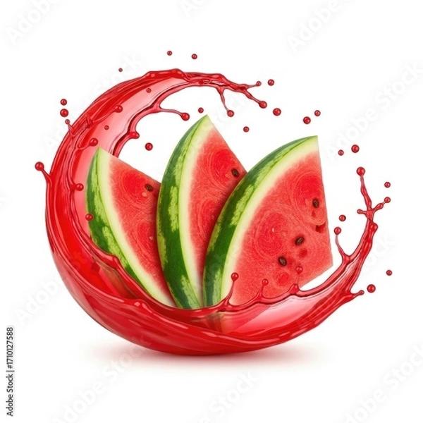 Fototapeta Watermelon Slices with Splash of Juice, Fresh Fruit Isolated on White Background