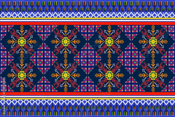 Fototapeta Vibrant ethnic pixel art seamless pattern with geometric motifs and traditional borders, perfect for textile, wallpaper, fabric design, and digital backgrounds in Europe and America.