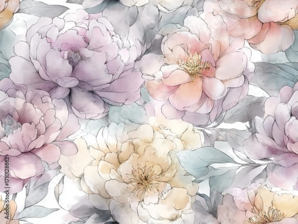 Fototapeta Seamless pattern with soft pastel peonies with delicate outlines, hand-drawn style on white background, concept of romantic floral elegance