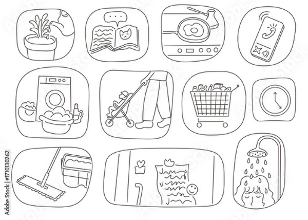 Fototapeta everyday motherhood routine clouds in doodle style. Illustration for banner postcard design print sticker poster background