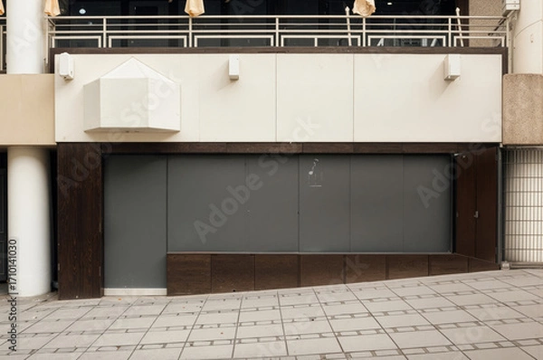 Fototapeta Closed urban storefront with boarded windows and dark panels in a modern city environment. Minimalist architecture with empty shop facade.