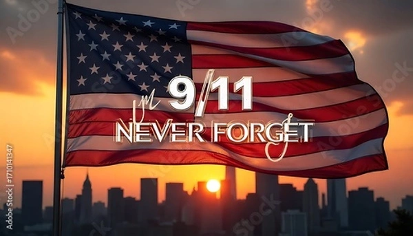 Obraz 11 September Patriot Day social media post banner design template set with American flag and New York City. 911 Remembrance. holiday concept. 911 Patriot Day we will neverforget, generative ai