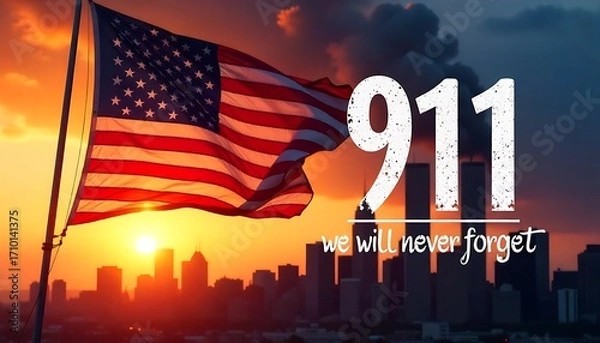 Obraz 11 September Patriot Day social media post banner design template set with American flag and New York City. 911 Remembrance. holiday concept. 911 Patriot Day we will neverforget, generative ai