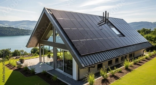 Fototapeta Modern a frame house with solar panels on the roof overlooking a serene lake and rolling hills