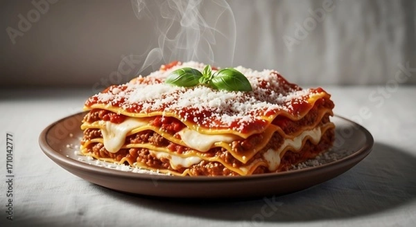 Fototapeta Delicious homemade lasagna with rich meat sauce and creamy b chamel topped with fresh basil and grated parmesan cheese