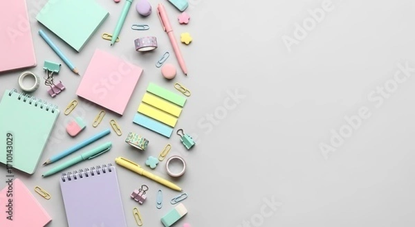 Fototapeta Flat lay of pastel colored stationery and school supplies arranged on a light gray background with copy space