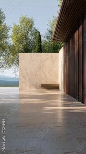 Fototapeta Modern architectural space with marble flooring, wooden wall, and natural landscape view