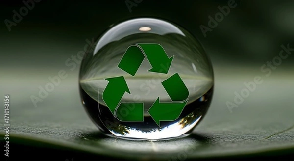 Fototapeta Clear water droplet reflecting a green recycling symbol on a dark textured surface symbolizing environmental conservation