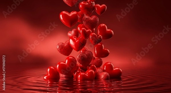Fototapeta Abstract cascade of shiny red heart shapes falling into rippling water with a smoky red background
