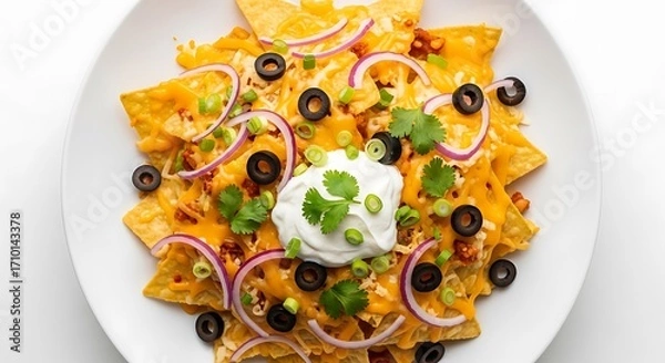 Fototapeta Delicious overhead view of loaded nachos with melted cheese olives onions and sour cream on a white plate