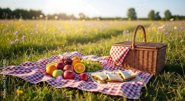Fototapeta Idyllic summer picnic scene with wicker basket and fresh fruits spread on a checked blanket in a sunny meadow