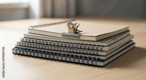 Fototapeta Stack of spiral bound notebooks with a silver binder clip on top resting on a wooden surface