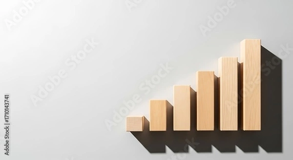 Fototapeta Rising wooden blocks arranged in a bar graph shape symbolizing growth and upward trend