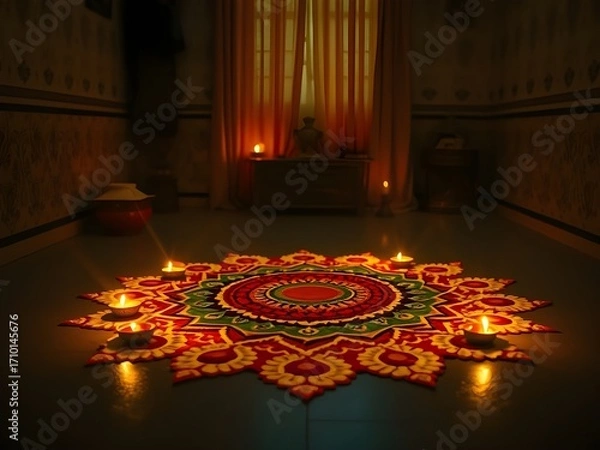 Fototapeta Rangoli design with diya 