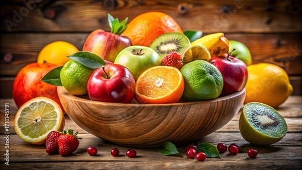 Obraz Abundant bowl of fresh colorful ripe fruits on rustic wooden background