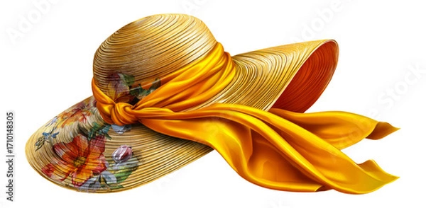 Obraz Elegant Wide-Brimmed Straw Hat with Floral Detail and Yellow Ribbon