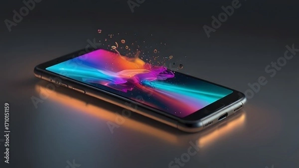 Obraz A conceptual image where a vibrant explosion of colorful digital energy has been illustrated emerging from the screen of a modern black smartphone. Digital technology and creativity concept
