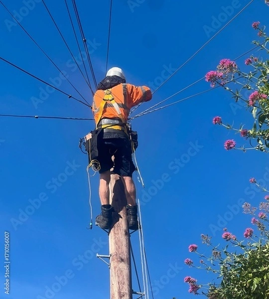 Fototapeta Telecoms engineer working at the top of a telegraph pole on telecommunications, broadband and wiring for homes in a town