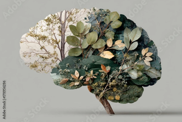 Fototapeta Brain with Nature Elements – Mental Health Awareness. Conceptual image of a human brain overlaid with leaves, trees, or natural textures. Symbolizes mental wellbeing and the connection between mind an